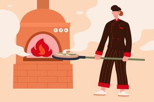 Female chef baking a pizza. Flat illustration of a woman pizza maker in uniform sending dough into the stove on a pizza peel in pizzeria vector