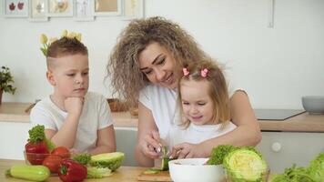 il bambini insieme con loro madre preparare un' insalata a il tavolo nel il cucina. il famiglia è vestito nel il stesso di base bianca magliette video