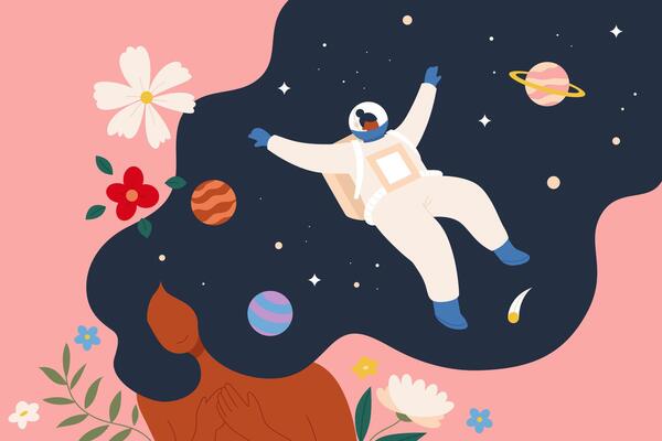 Woman's space dream. Illustration of a long hair woman dreaming about wearing in a spacesuit and floating around the planets in the starry space. Concept of space trip or becoming a female astronaut