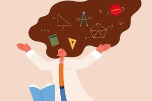 Female mathematician at work. Flat style illustration of mathematician with mathematics symbols on her long brown hair and book on side over pink background vector