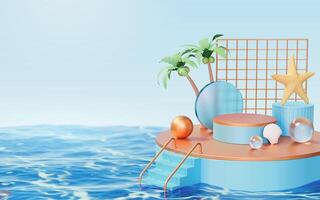 3d round podium with cute toys in the middle of sea. Tropical island theme scene design for eco friendly and ocean safe products. vector