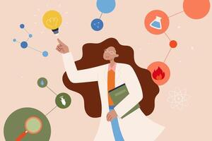 Female scientist at work. Flat illustration of a woman researcher coming up new idea in biomedicine field after several types of research and experiments vector