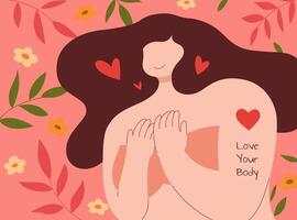 Plus size woman's body positivity. Flat style illustration of a female character with long hair and words written on her arm hugging herself vector