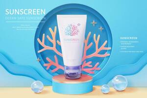 3d ocean friendly sunscreen ad template in underwater theme. Tube mock up on round podium with coral reef and crystal balls. vector