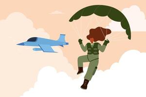 Female paratrooper at work. Flat style illustration of a woman in camouflage costume parachuting from jet during her military services vector