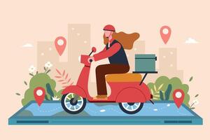 Female scooter courier delivering. Flat style illustration of girl delivering package or food by motorbike and following the city map on phone. Concept of woman at work vector