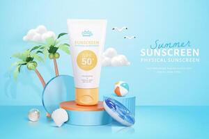 3d cosmetic ad template in island vacation theme. Tube mock up on round podium with beach swim objects. vector