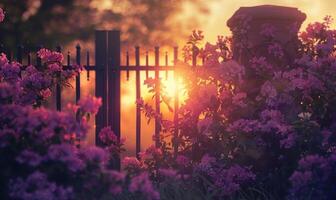 ai generado jardín portón a puesta de sol con rojo rosas y Dom en el cielo foto