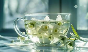 AI generated White tea and snowdrops flower closeup photo