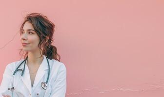 AI generated Portrait of young female doctor with stethoscope on pink background. photo