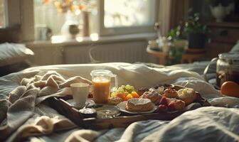 ai generado desayuno en cama. café, cruasanes, mermelada y frutas en el bandeja. foto