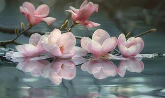 AI generated Magnolia blossoms reflected in the still waters of a tranquil pond. Magnolia blossoms touch water surface photo