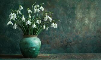 AI generated Snowdrops bouquet in a vintage vase photo