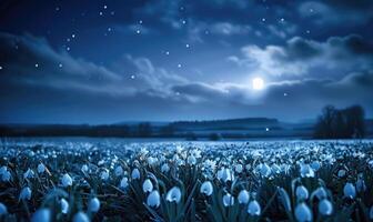 AI generated Snowdrops in a meadow under the moonlight photo