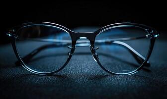 AI generated Eyeglasses on a dark background. Selective focus. photo