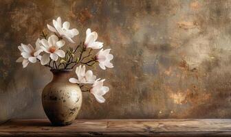 AI generated Magnolia blossom bouquet in a vintage vase on a wooden table photo