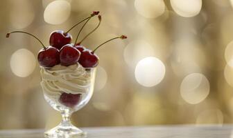 ai generado helado con frutas y nueces coronado con cerezas y azotado crema, de cerca vista, selectivo atención foto