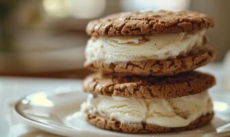 AI generated Ice cream sandwich with cookie crunch, closeup photo