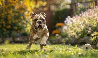 ai generado juguetón buldog perrito persiguiendo un pelota en un patio interior jardín foto