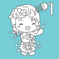 Kids Doing Healthy Lifestyle Washing Activity Cartoon Digital Stamp Outline vector