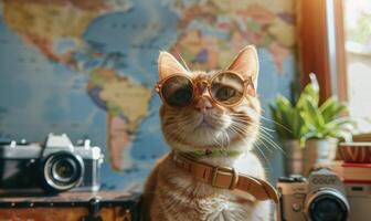 ai generado linda jengibre gato vistiendo Gafas de sol con cámara y mapa en antecedentes. foto