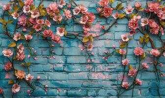 ai generado vistoso rosas en azul ladrillo muro, Clásico color tono estilo. foto