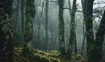 AI generated Mysterious dark forest with mossy trees and fog in the background photo