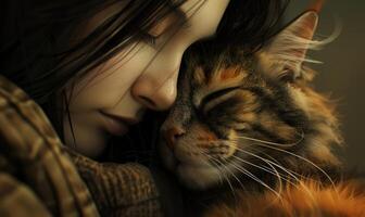 AI generated Beautiful young woman sleeping with her cat. Close-up. photo