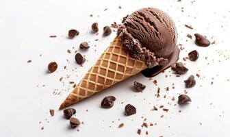 AI generated Chocolate ice cream cone on white background. photo