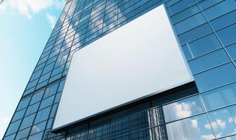 AI generated Blank screen banner mockup displayed on the modern building facade. Close Up view. photo