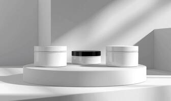 AI generated Mockup rendering of three white round cosmetic jars on white podium. photo