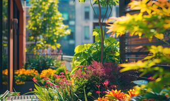 AI generated Urban rooftop garden. Modern skyscrapers, view from a terrace. photo