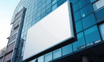 AI generated Blank screen banner mockup displayed on the modern building facade. Close Up view. photo