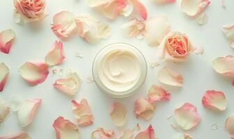 AI generated Blank creme jar mockup encircled by pastel flower petals on a white background, top view photo