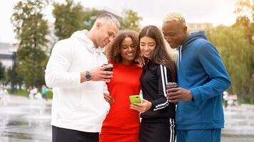 Multi-ethnic group people teenage friends. African-american, asian, caucasian student spending time together Multiracial friendship photo