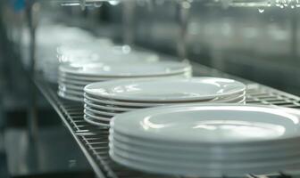 AI generated Close up of clean white plates in a row in a food factory photo