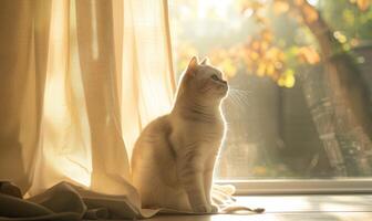 AI generated Cute cat sitting on window sill and looking at sunset in morning photo