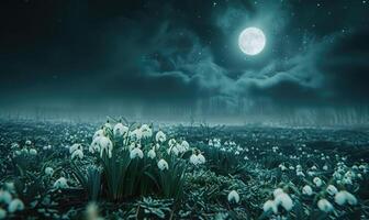 AI generated Snowdrops in a meadow under the moonlight photo