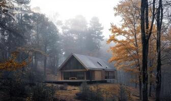 AI generated Morning mist enveloping a contemporary wooden cabin hidden deep within a spring garden filled with blooming irises and lilies photo