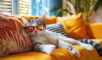 ai generado linda gato en naranja Gafas de sol acostado en naranja sofá a hogar. foto