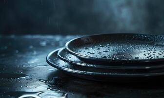 AI generated Empty black plates with water drops on dark background. Copy space. photo