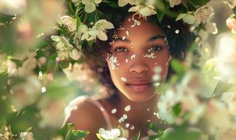 AI generated young woman in a spring flowers wreath, surrounded by floating petals or blossoms. photo