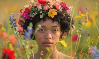 AI generated Portrait of a young girl with curly hair and flowers in her hair. Woman in flower wreath. photo