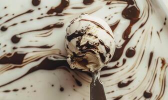 AI generated Ice cream scoop with chocolate syrup swirls closeup view photo