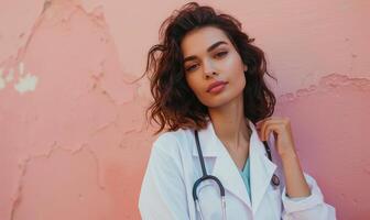 AI generated Portrait of young female doctor with stethoscope on pink background. photo