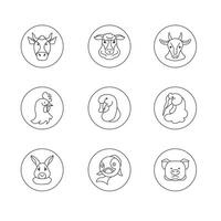 animal head linear icons set. Outline vector symbol collection, linear style pictogram pack.