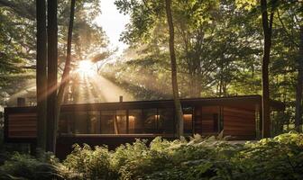 AI generated Sunlight filtering through lush foliage onto the exterior of a modern wooden cabin in a tranquil spring garden photo