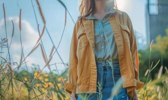 AI generated Portrait of a beautiful young woman and green pants photo