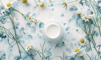 AI generated Cosmetic jar blank mockup placed on a serene watercolor chamomile background photo