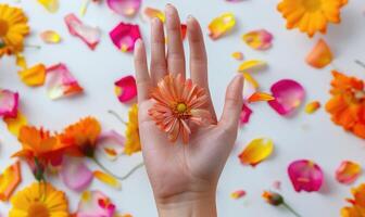 ai generado de cerca de un mujer mano participación vistoso flor pétalos foto